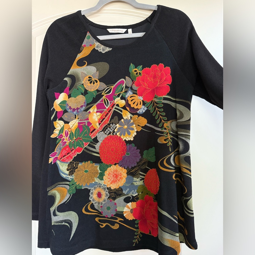 Soft Surroundings Woman’s  Long Sleeve Tee - Black with Multicolor Floral,Sz L